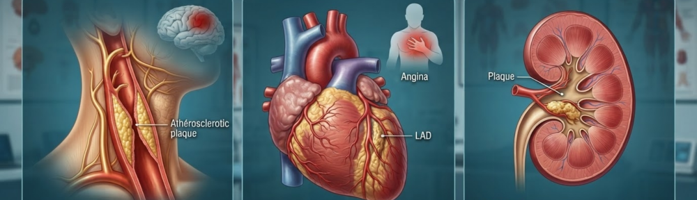 Infographie médicale en trois panneaux anatomiques illustrant la symptomatologie de l'athérosclérose selon le territoire artériel atteint : (gauche) coupe dorée des artères carotides au cou montrant une plaque réduisant la lumière, avec silhouette cérébrale ennuagée et pictogrammes pour vertiges, céphalées, engourdissement facial, dyspnée ; (centre) cœur en vue antérieure avec réseau coronaire et sténose marquée sur l'interventriculaire antérieure gauche, tracé ECG dérivations II avec discret sous-décalage ST évoquant l'angor ; (droite) coupe du rein avec plaque sur l'artère rénale, gonflement (œdème) des mains et des pieds, tensiomètre affichant 165/95 mmHg, fatigue chronique. Palette éditoriale teal-cobalt / rouge ambre, rendu photoréaliste 16:9.
