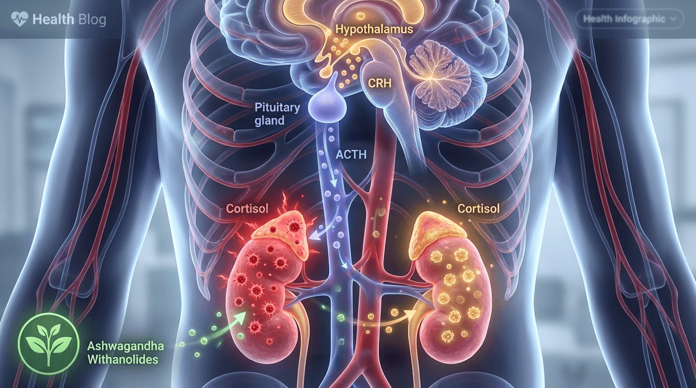 Représentation médicale haute précision de l'axe du stress (HPA) montrant comment l'Ashwagandha module la production excessive de cortisol via ses withanolides bioactifs.