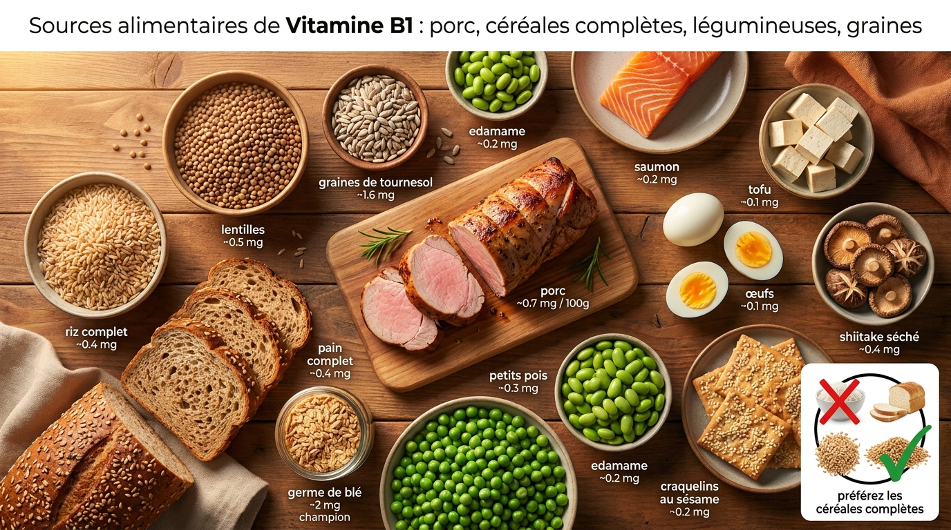 Top‑down gastronomique des meilleures sources alimentaires de thiamine, en miroir de l'article Vitamine B2 et B3 ; mise en garde contre les céréales raffinées, premier facteur de subcarence.
