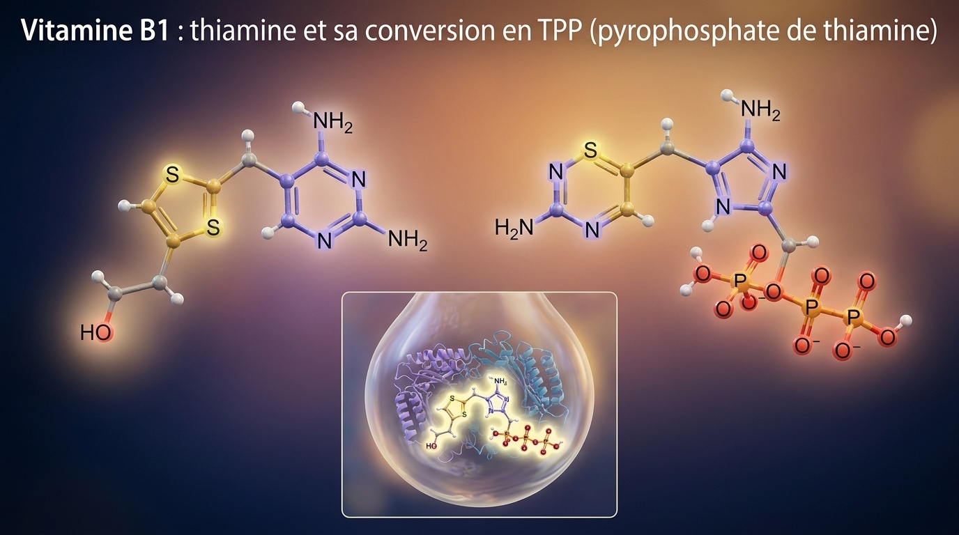 Représentation scientifique de la précision structurale de la thiamine et de son activation en TPP, forme coenzymatique essentielle à la décarboxylation oxydative du pyruvate et des α‑cétoglutarate.