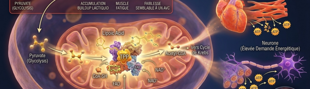 Illustration médicale hyper‑réaliste d'une cellule humaine en coupe avec mitochondrie centrale : à gauche, le pyruvate (3 carbones en doré) issu de la glycolyse pénètre dans la matrice mitochondriale où le complexe pyruvate déshydrogénase (PDH), grâce à la thiamine pyrophosphate (TPP) comme cofacteur essentiel, le décarboxyle en acétyl‑CoA qui alimente le cycle de Krebs ; à droite, deux tissus gros consommateurs d'énergie (muscle cardiaque rouge‑orange et neurone violet‑rose) en témoignent ; encart supérieur : en cas de carence, le pyruvate non décarboxylé dérive vers le lactate (acide lactique, sensation de brûlure et fatigue musculaires), et au niveau cérébral peut survenir le syndrome de Wernicke‑Korsakoff en cas d'alcoolisme chronique.