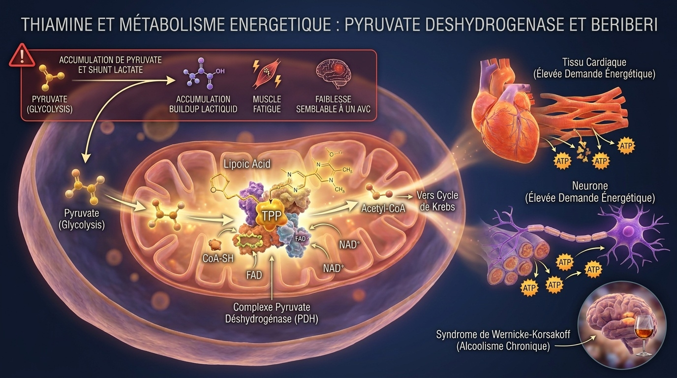 Vue d'ensemble du rôle central du TPP dans la respiration mitochondriale : conversion du pyruvate en acétyl‑CoA ; conséquences d'une carence (fatigue lactique, béribéri cardiaque, Wernicke‑Korsakoff).