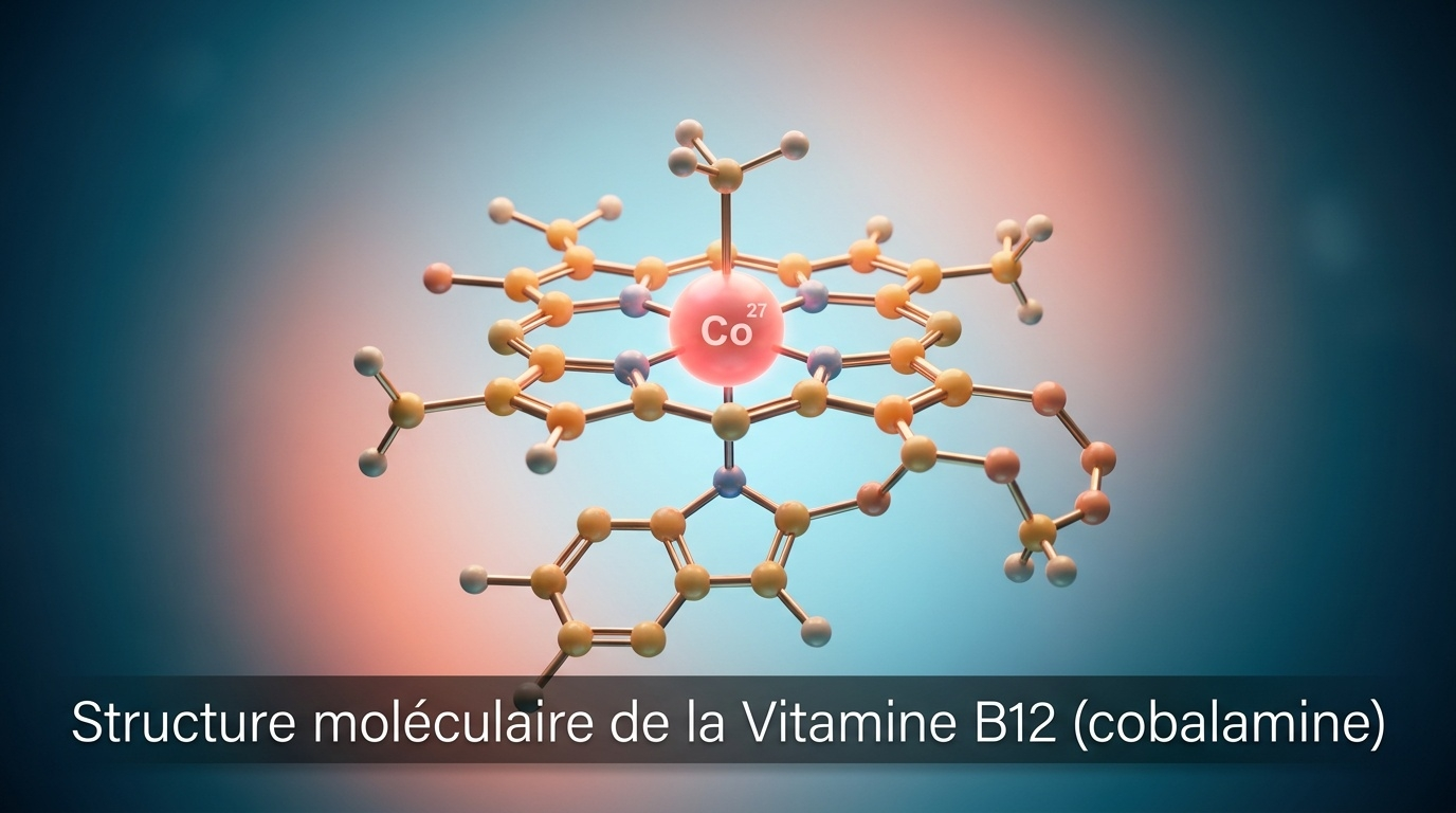 Représentation scientifique détaillée de la vitamine B12 (cobalamine), seule vitamine contenant un métal (cobalt) au cœur d'un cycle corrine, indispensable à la méthylation de l'ADN, à la synthèse de la myéline et au métabolisme énergétique mitochondrial.