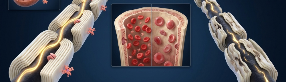 Illustration médicale hyper-réaliste du rôle central de la vitamine B12 dans la myélinisation nerveuse (conduction saltatoire préservée vs démyélinisation progressive en carence) et dans le métabolisme énergétique cellulaire avec érythropoïèse normale vs anémie mégaloblastique.