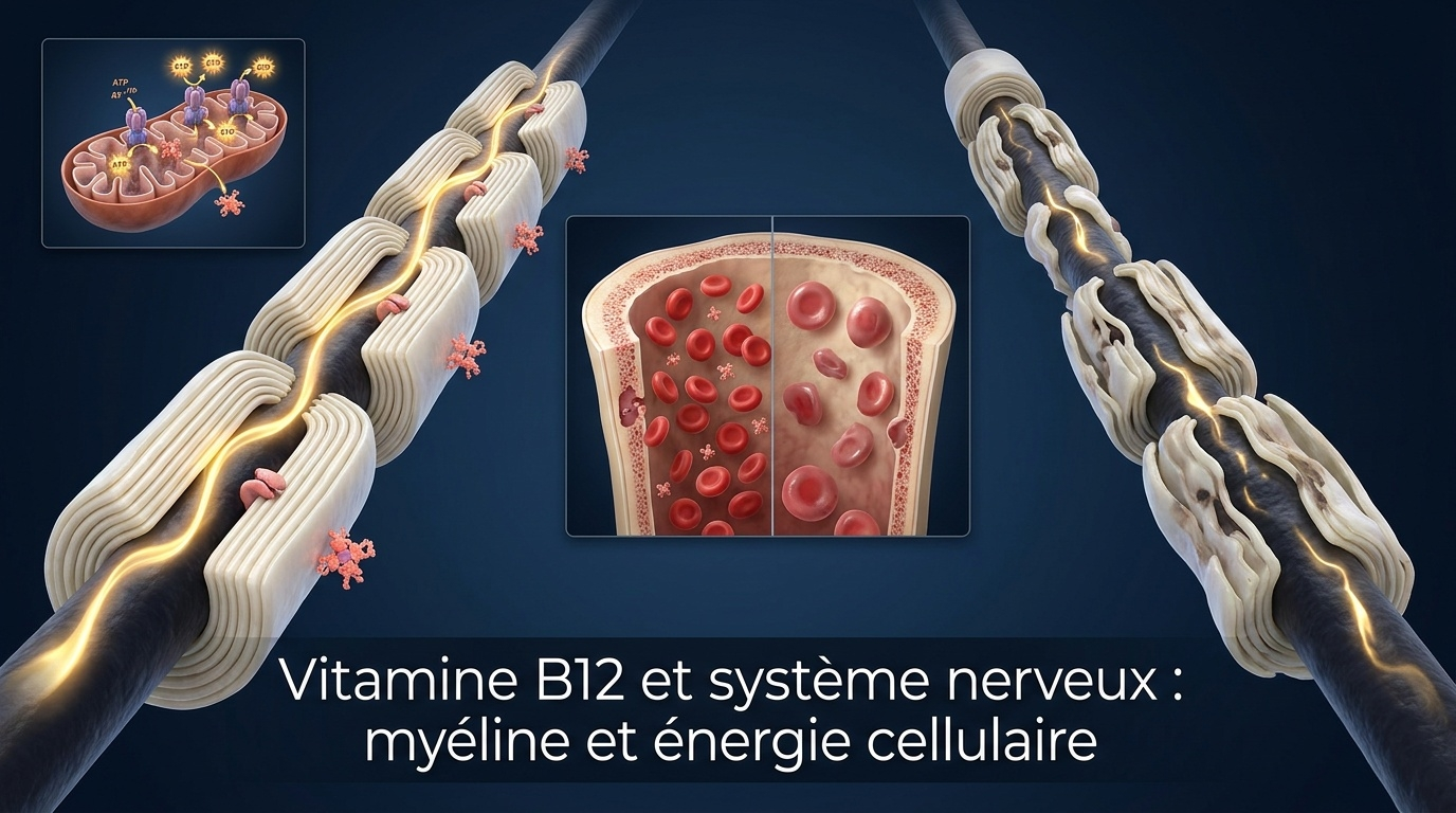 Visualisation médicale du double rôle de la vitamine B12 : synthèse et maintien de la gaine de myéline préservant la conduction nerveuse saltatoire (à gauche : axone sain ; à droite : démyélinisation progressive en cas de carence), et érythropoïèse normale (à gauche) versus anémie mégaloblastique macrocytaire (à droite) lorsque la B12 manque.