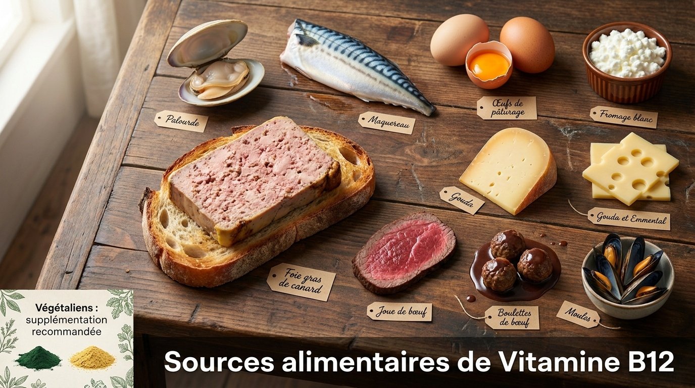 Composition culinaire top-down des meilleures sources alimentaires de vitamine B12, dominées par les abats (foie), les coquillages (palourdes), les poissons gras (maquereau) et les œufs de pâturage, avec encart documentaire sur la supplémentation indispensable pour les personnes suivant un régime végétalien.