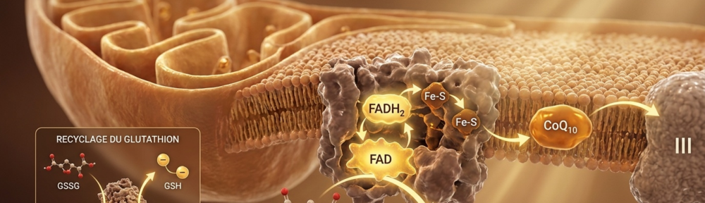 Illustration médicale hyper‑réaliste d'une mitochondrie coupée montrant, dans la membrane interne des crêtes, le complexe II (succinate déshydrogénase) avec son cofacteur FAD en jaune‑or lumineux acceptant deux électrons du succinate (converti en fumarate), transférés via les centres fer‑soufre à l'ubiquinone CoQ10 ambrée qui les transporte vers le complexe III. À gauche, encart illustrant le recyclage du glutathion : la glutathione réductase utilise le FADH₂ comme cofacteur pour régénérer la forme active GSH à partir du glutathion oxydé GSSG.
