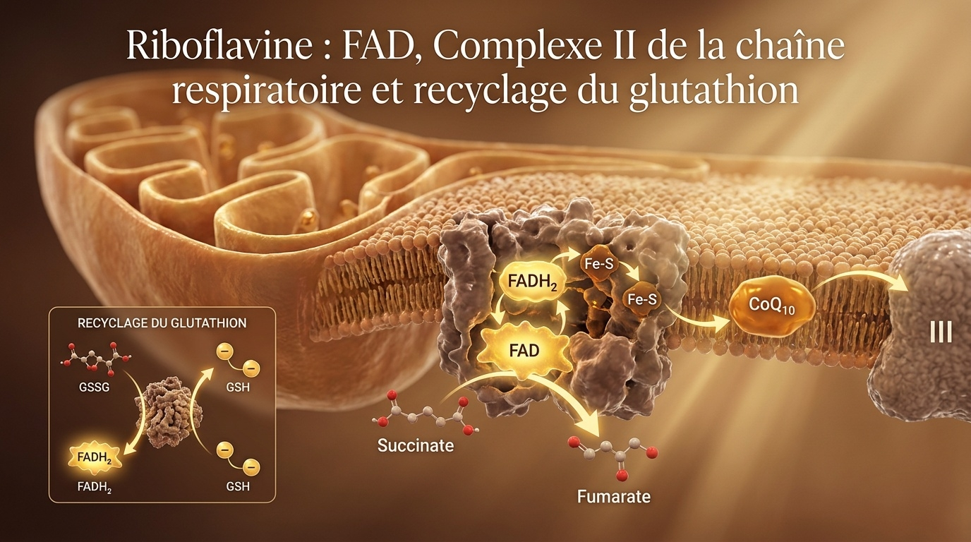 Vue d'ensemble du double rôle énergétique et antioxydant du FAD issu de la riboflavine : entrée des électrons du succinate dans la chaîne respiratoire (Complexe II → CoQ10) et recyclage du glutathion par la glutathion réductase.