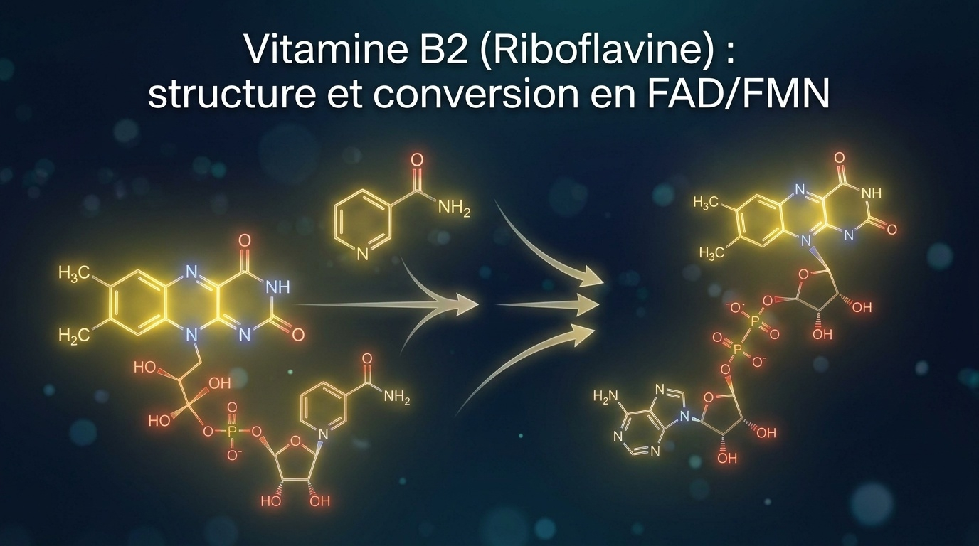 Représentation scientifique détaillée de la riboflavine, précurseur des coenzymes FMN et FAD, centrales dans la chaîne respiratoire mitochondriale.