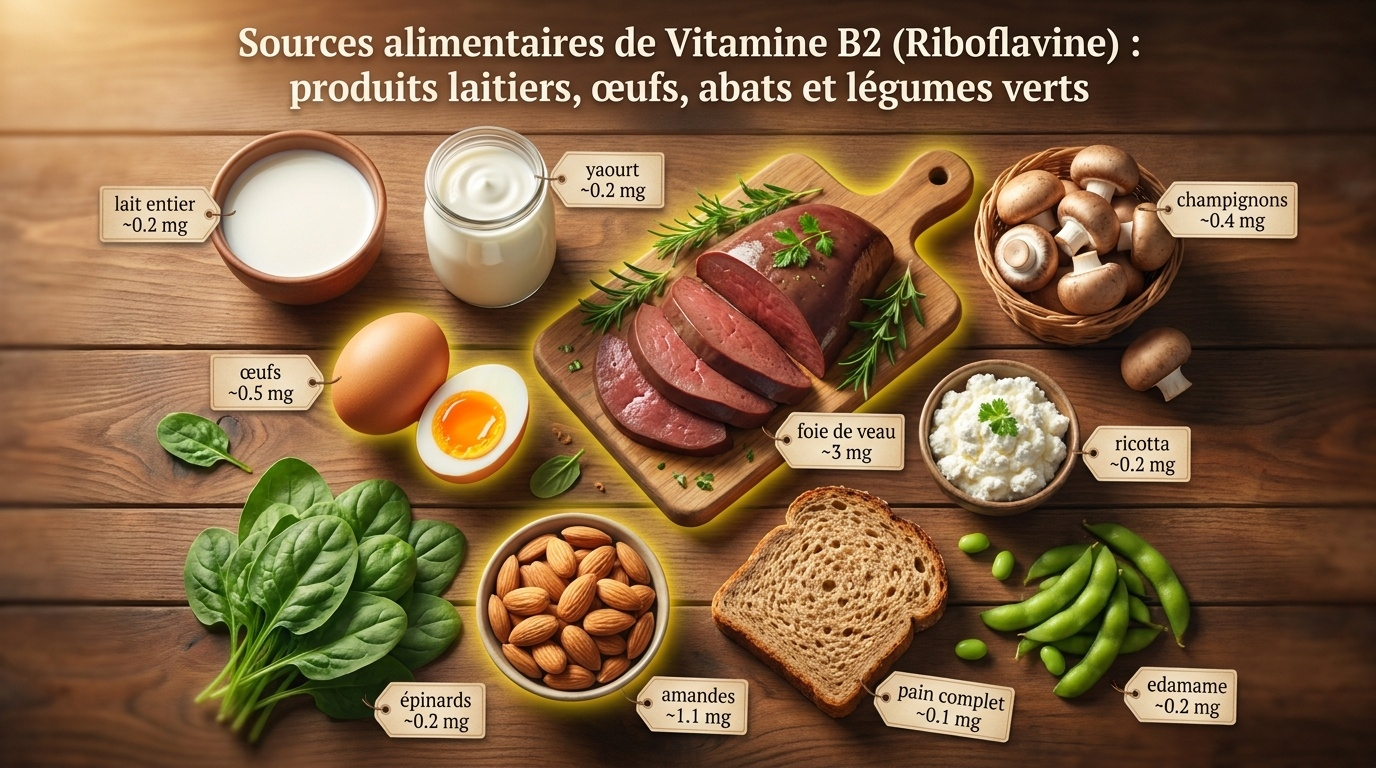 Top‑down gastronomique des aliments naturellement riches en vitamine B2 (riboflavine), illustrant le levier pratique pour soutenir à la fois la production d'ATP mitochondriale et le réseau antioxydant du glutathion.