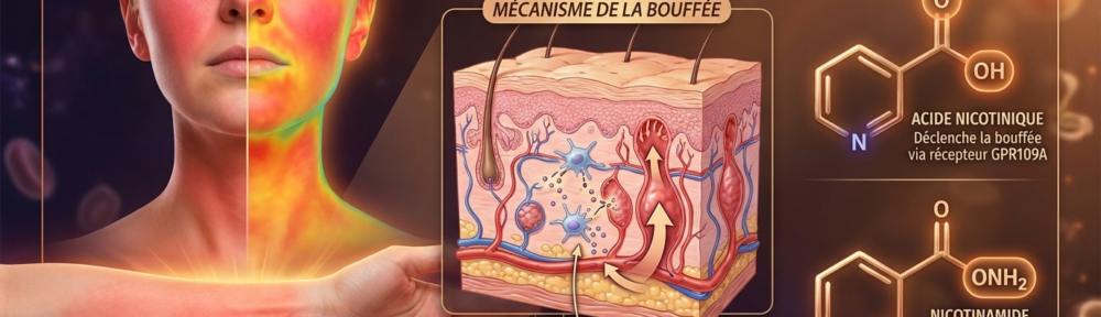 Illustration médicale hyper‑réaliste du « niacin flush » : un visage et un avant‑bras présentant la rougeur caractéristique (peau rosée, chaleur rayonnante), accompagnée d'une coupe de peau montrant les capillaires dilatés dans le derme avec libération de prostaglandine D2 par les cellules de Langerhans, et d'une comparaison moléculaire entre l'acide nicotinique (qui déclenche le flush en activant le récepteur GPR109A sur les cellules de Langerhans) et le nicotinamide (qui en est exempt grâce à son groupe amide).
