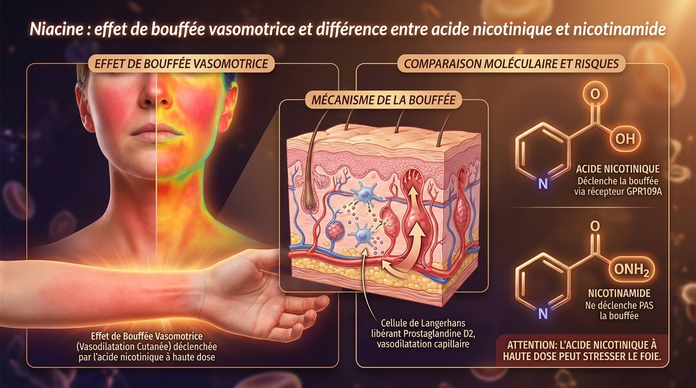 Représentation physiologique et moléculaire caractéristique de l'effet « flush » provoqué par l'acide nicotinique, et contraste avec le nicotinamide bien toléré.