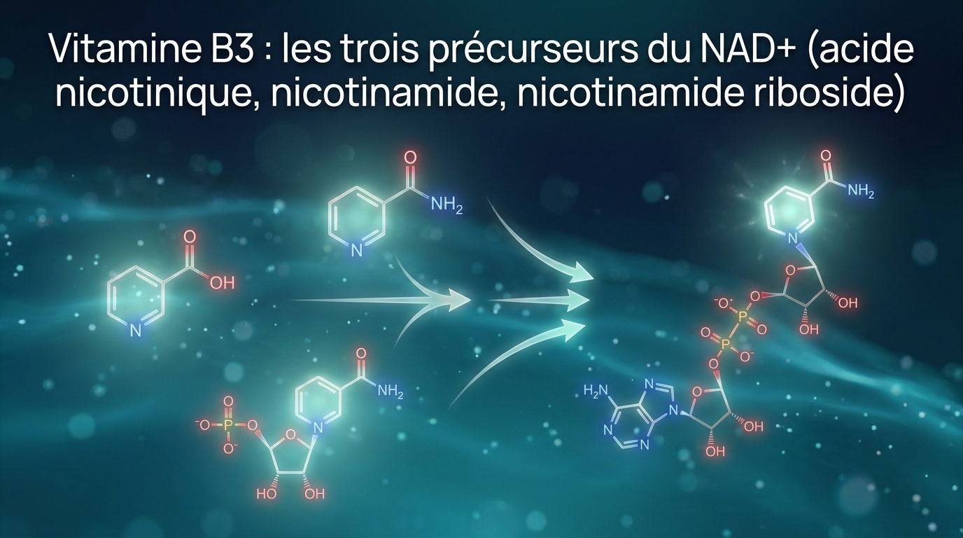 Vue d'ensemble scientifique des trois vitamères B3 — acide nicotinique, nicotinamide et nicotinamide riboside — et de leur convergence vers le NAD⁺, coenzyme essentiel au métabolisme énergétique et à la longévité cellulaire.