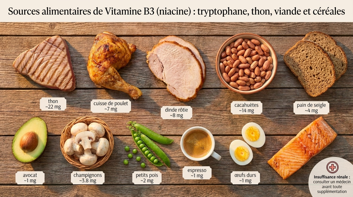 Top‑down gastronomique des aliments naturellement riches en niacine (B3) et ceux apportant son précurseur le tryptophane — deux leviers pour soutenir les réserves de NAD⁺.