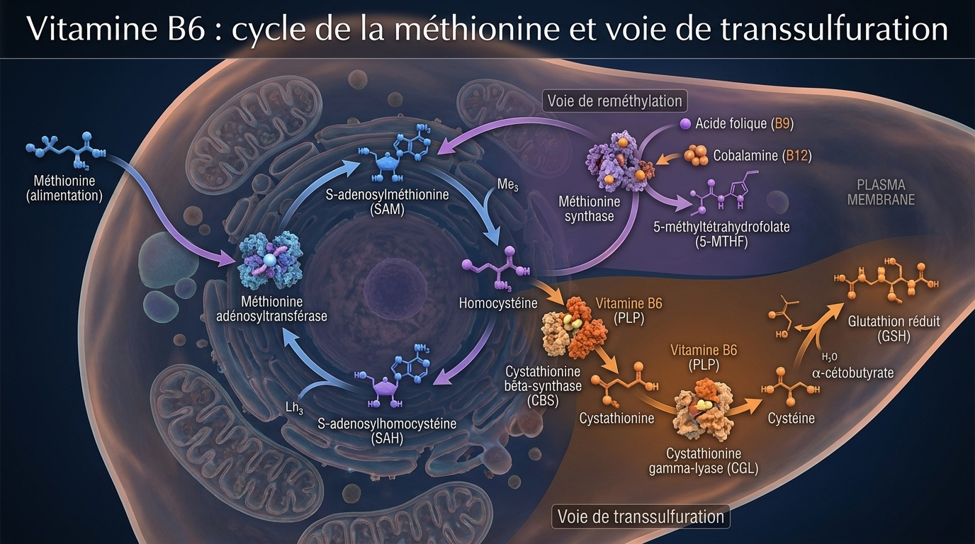 Diagramme métabolique illustrant comment la vitamine B6, via la cystathionine β‑synthase, permet l'élimination définitive de l'homocystéine par transsulfuration vers la cystéine et le glutathion.