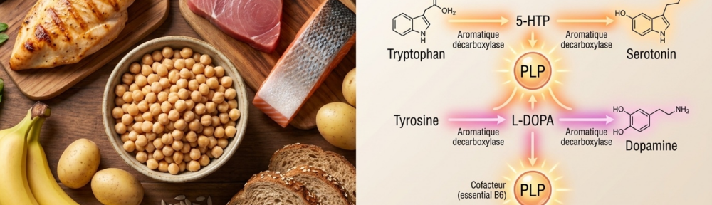 Composition éditoriale hyper‑réaliste combinant un flat‑lay alimentaire (poitrine de poulet grillée, thon frais, saumon, pois chiches, bananes, pommes de terre, graines de tournesol, pain complet) et un diagramme scientifique de la synthèse des neurotransmetteurs (sérotonine orange, dopamine rose, GABA lavande) dépendant du PLP comme cofacteur de la L‑aromatic amino‑acid décarboxylase.