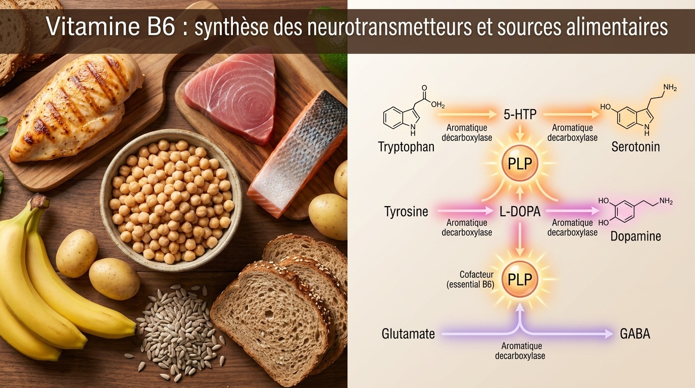 Vue combinée illustrant le double rôle de la vitamine B6 : synthèse de la sérotonine, dopamine, noradrénaline et GABA, et principales sources alimentaires (volailles, poissons, pois chiches, bananes, céréales complètes).