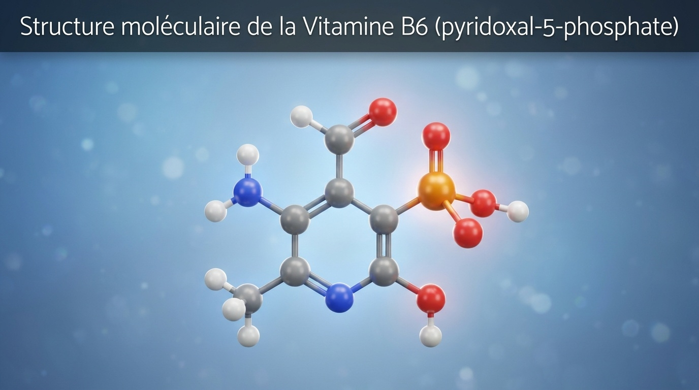 Représentation scientifique détaillée de la forme active PLP, cofacteur enzymatique universel de plus de 100 réactions métaboliques humaines.