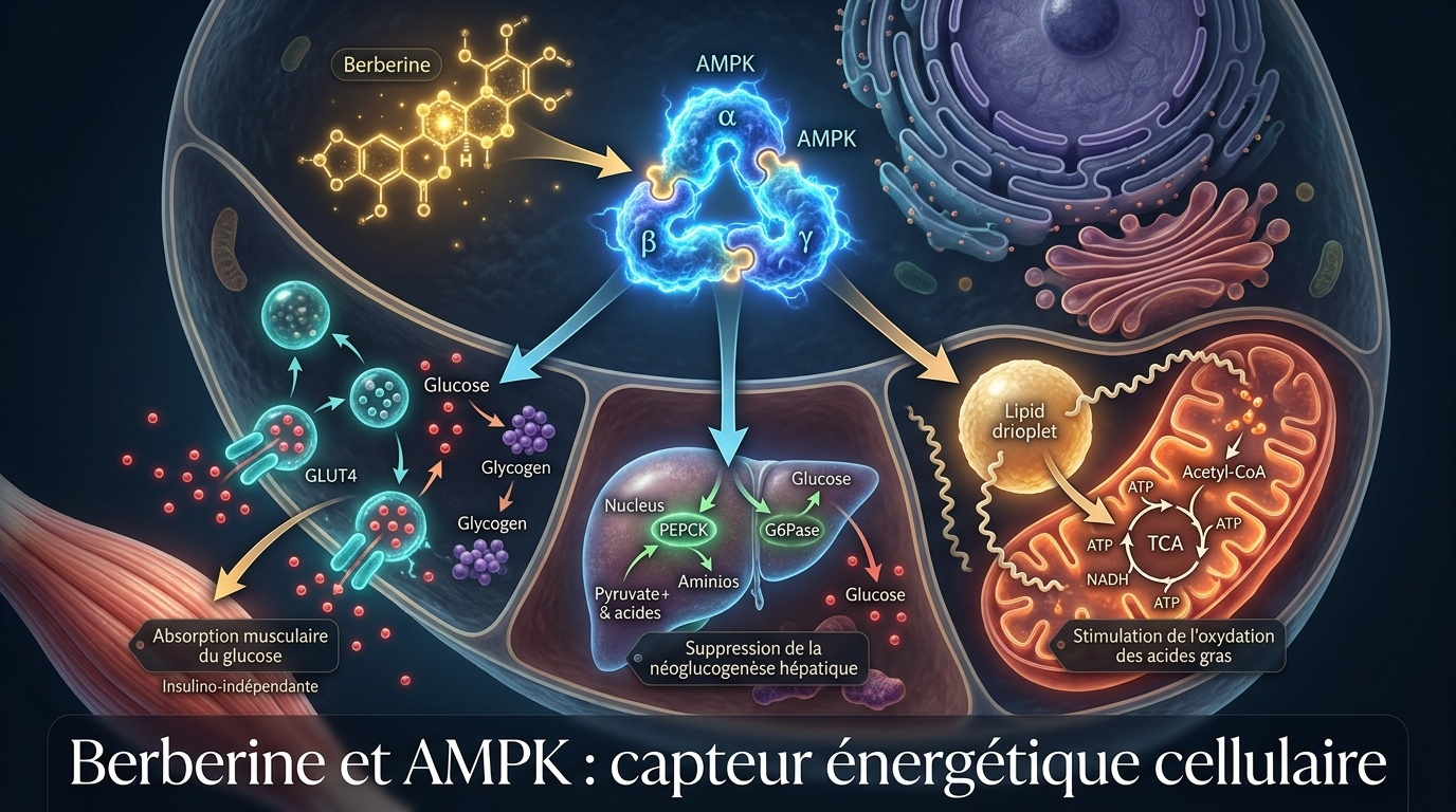 Schéma médiatico-scientifique du mécanisme central évoqué dans l'article : la berbérine mime partiellement l'effet de la restriction calorique et de l'exercice physique en activant l'AMPK, ce qui améliore la sensibilité musculaire au glucose, réduit la production hépatique de glucose et stimule l'oxydation mitochondriale des graisses.