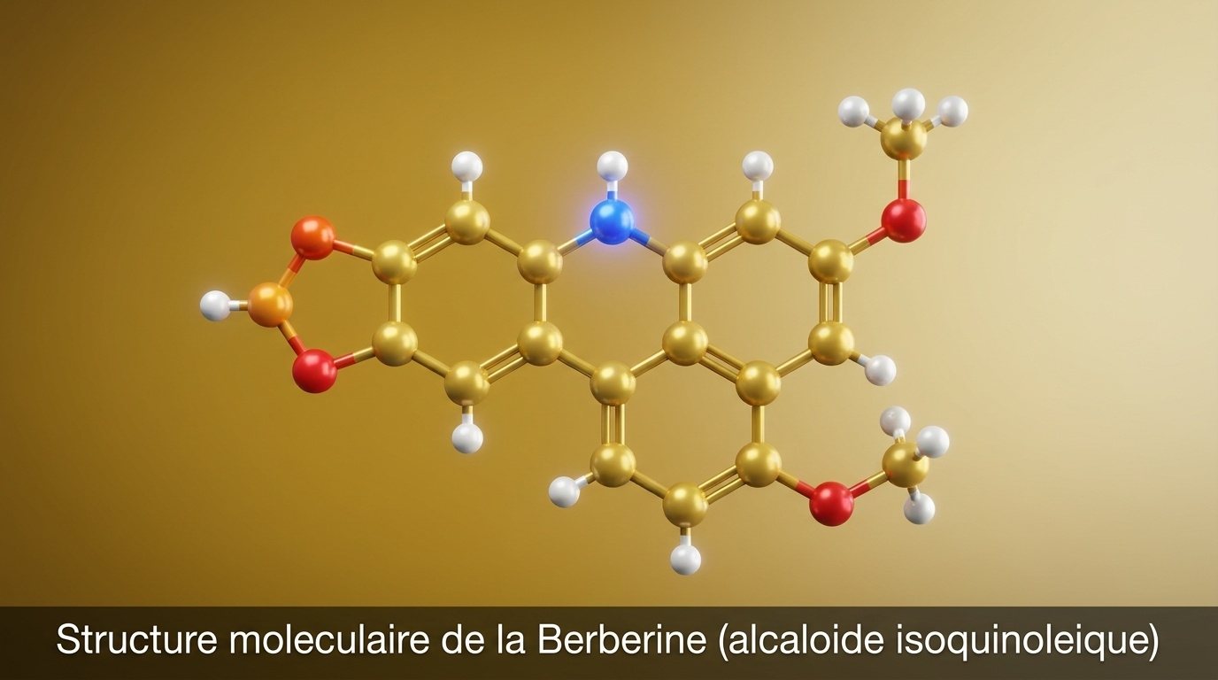 Représentation scientifique détaillée de la berbérine — alcaloïde benzodioxoloisoquinoléique cationique responsable de la couleur jaune intense des décoctions traditionnelles — connu comme activateur de l'AMPK et comparé à la metformine pour ses effets sur la glycémie.