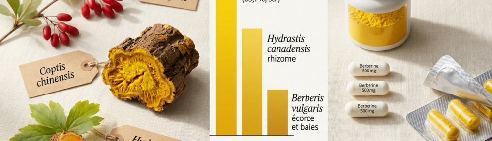 Composition botanique-pharmaceutique hyper-réaliste des sources traditionnelles de berbérine (Berberis vulgaris, Coptis chinensis, Hydrastis canadensis) et de sa forme complémentée en gélules 500 mg, avec hiérarchisation visuelle des concentrations relatives.