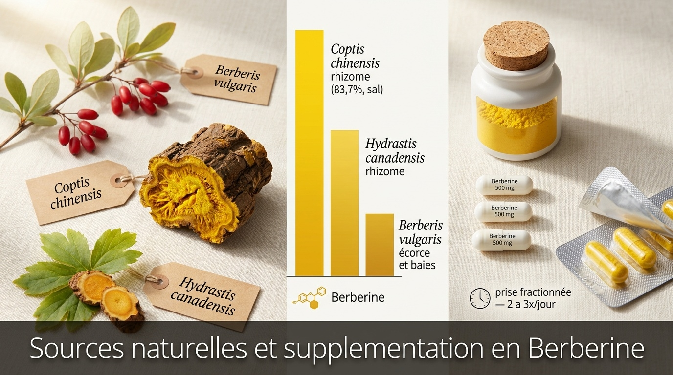 Photographie éditoriale des plantes médicinales traditionnellement utilisées comme sources de berbérine — du rhizome jaune-safran de Coptis chinensis (le plus riche) à l'épine-vinette européenne Berberis vulgaris, en passant par l'hydraste du Canada — et présentation des gélules de berbérine 500 mg avec la recommandation d'une prise fractionnée 2 à 3 fois/jour.
