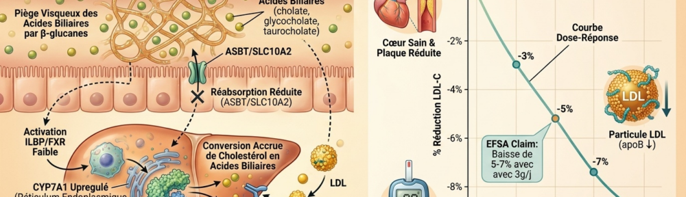 panneau split éditorial sur fond crème‑orangé chaud. Volet gauche (60 %) : coupe longitudinale de l'intestin grêle et du foie montrant le cycle entéro‑hépatique — gel visqueux d' β‑glucane d'avoine piégeant les acides biliaires (sphères vert‑jaune : cholate, glycocholate, taurocholate) dans la lumière intestinale ; réduction de leur réabsorption ASBT (apical sodium‑dependent bile acid transporter SLC10A2) ; hépatocytes détectant une baisse de signalisation FXR/ILBP → induction du CYP7A1 (cholestérol 7α‑hydroxylase) → cholestérol LDL sanguin transformé en nouveaux acides biliaires → expression membranaire des récepteurs LDL augmentée → capture du LDL circulant → baisse du LDL‑C de 5-7 % par 3 g/jour d' β‑glucane d'avoine (allégation EFSA/UE). Volet droit (40 %) : courbe dose‑réponse montrant la baisse du LDL‑C en fonction de la dose quotidienne (1, 2, 3, 4, 6 g/j) — points 0 %, -3 %, -5 %, -7 %, -9 % ; icônes : cœur (plaque réduite), particule LDL (apoB ↓), glucomètre (glycémie post‑prandiale ↓). Lumière cinématique studio.