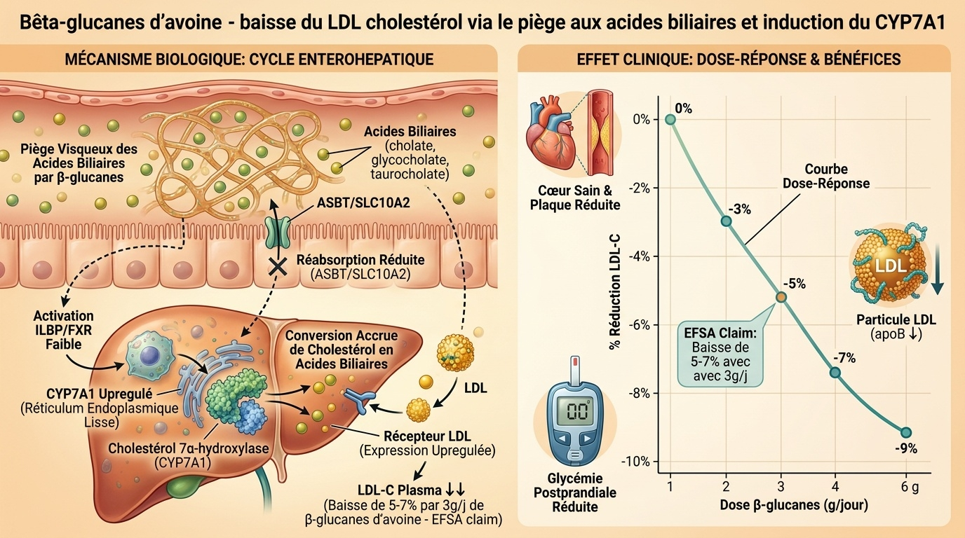 Vue d'ensemble du mécanisme moléculaire et clinique — baisse du LDL cholestérol de 5-7 % par 3 g/j d'β‑glucane d'avoine selon l'allégation EFSA.