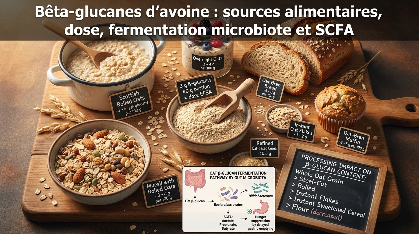 Vue food‑scientifique des sources d'β‑glucane selon leur degré de transformation et rappel microbien (production de SCFA dans le côlon).