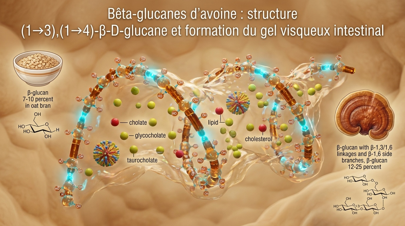 Vue 3D documentée de la chaîne β‑glucane mixte (1→3),(1→4)‑β‑D‑glucane, et visualisation du gel piégeant les acides biliaires dans l'intestin grêle.