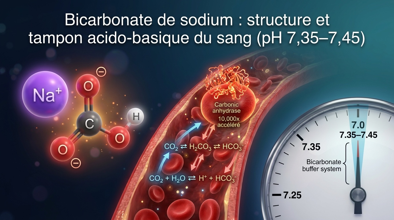Vue d'ensemble scientifique de la molécule NaHCO₃ et du système tampon bicarbonate qui maintient le pH sanguin dans la fenêtre étroite de 7,35–7,45.