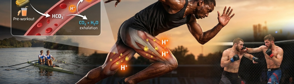 Scène éditoriale hyper‑réaliste combinant photographie sportive et overlays biochimiques : un athlète de sprint ou un rameur au pic de l'effort, avec visualisation semi‑transparente superposée de l'accumulation intramusculaire d'acide lactique (gouttelettes jaune‑or) et d'ions hydrogène H⁺ (étincelles orange vif) responsables de la brûlure et de la fatigue, ainsi que l'apport de bicarbonate de sodium pré‑effort (gélule ou boisson) délivrant des ions HCO₃⁻ dans le sang, neutralisant H⁺ en acide carbonique puis en CO₂ expiré et en eau.