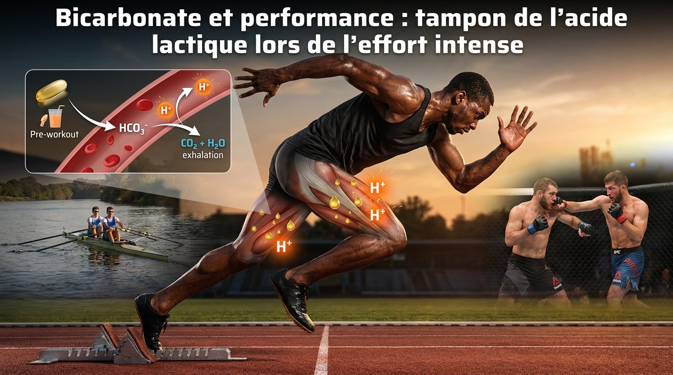 Vue d'ensemble combinant l'effort sportif intense et le mécanisme par lequel le bicarbonate exogène tamponne l'acide lactique produit par les muscles, retardant la fatigue métabolique.