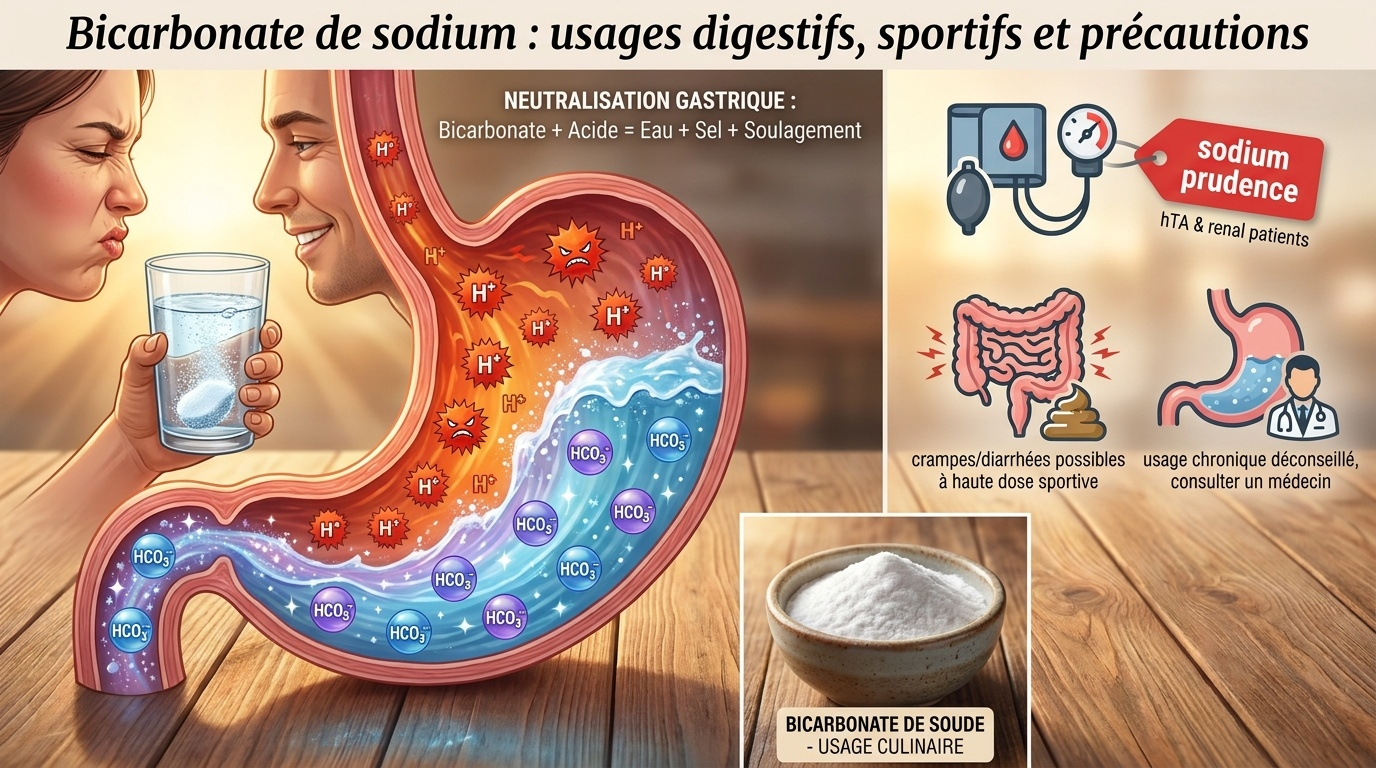Vue pratique des contextes d'usage légitime du bicarbonate de sodium (digestion ponctuelle, performance sportive) et de ses précautions d'emploi (sodium, reins, hypertension, automédication chronique).
