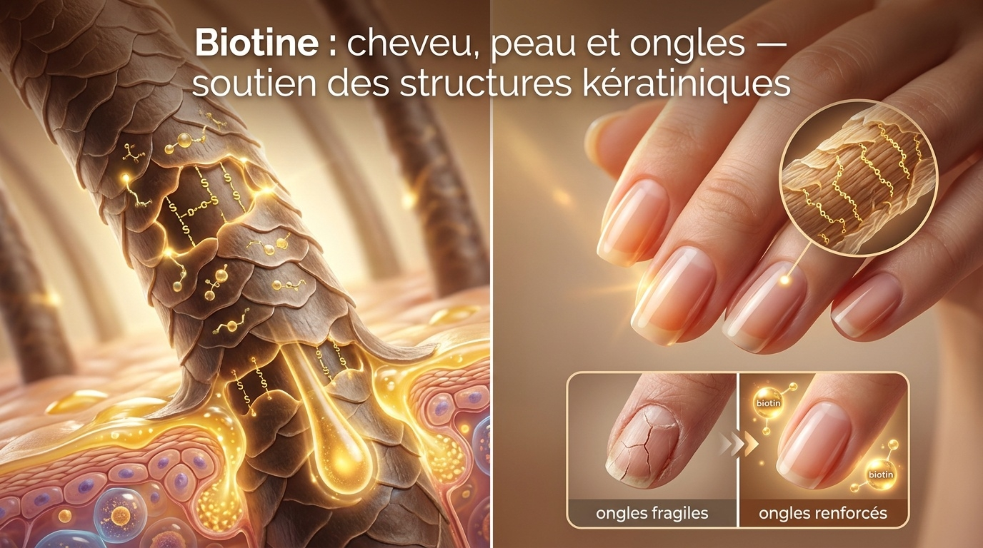 Vue d'ensemble beauté‑santé des tissus cibles de la biotine : tige capillaire, peau et ongles — trois tissus dont les cellules dépendent de la kératine, protéine synthèse‑dépendante de la biotine via les voies carboxylasiques.