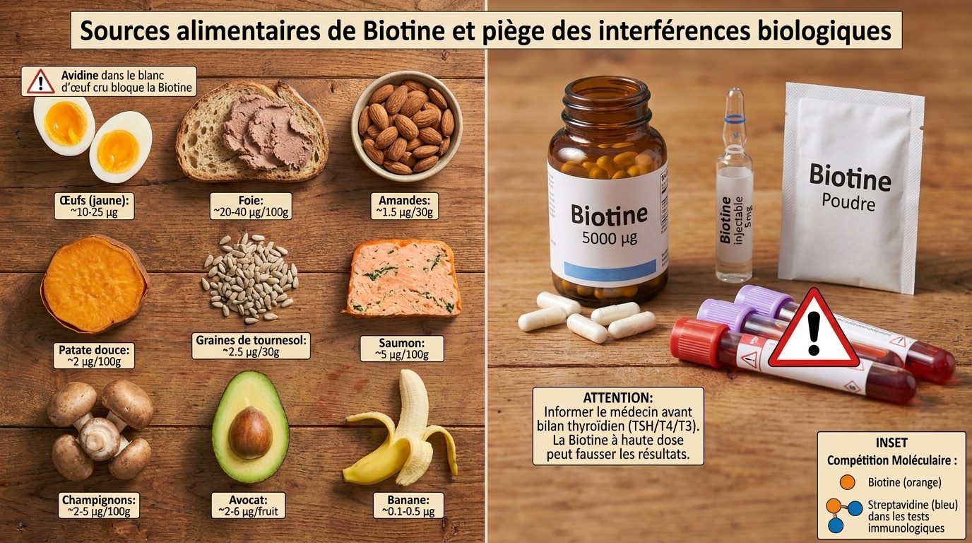 Vue d'ensemble pratique des sources alimentaires naturelles de biotine (jaune d'œuf, foie, graines) et de la voie de supplémentation classique, avec le piège souvent méconnu de l'interférence avec de nombreux immuno‑essais sanguins — notamment thyroïdiens.