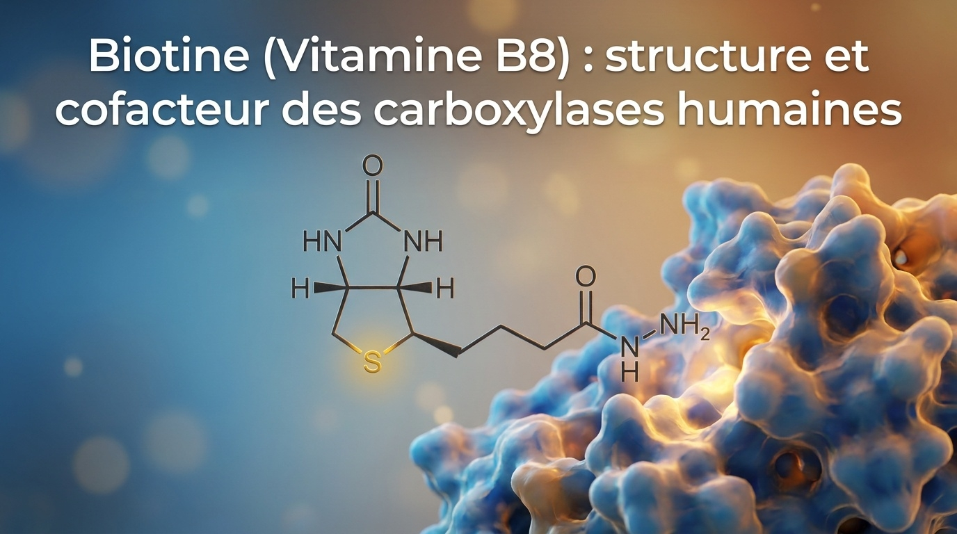 Représentation scientifique de la biotine et de son mécanisme unique : cofacteur covalent des carboxylases humaines, accélérant la fixation du CO₂ (carboxylation) sur des substrats clés du métabolisme énergétique et de l'anabolisme lipidique.