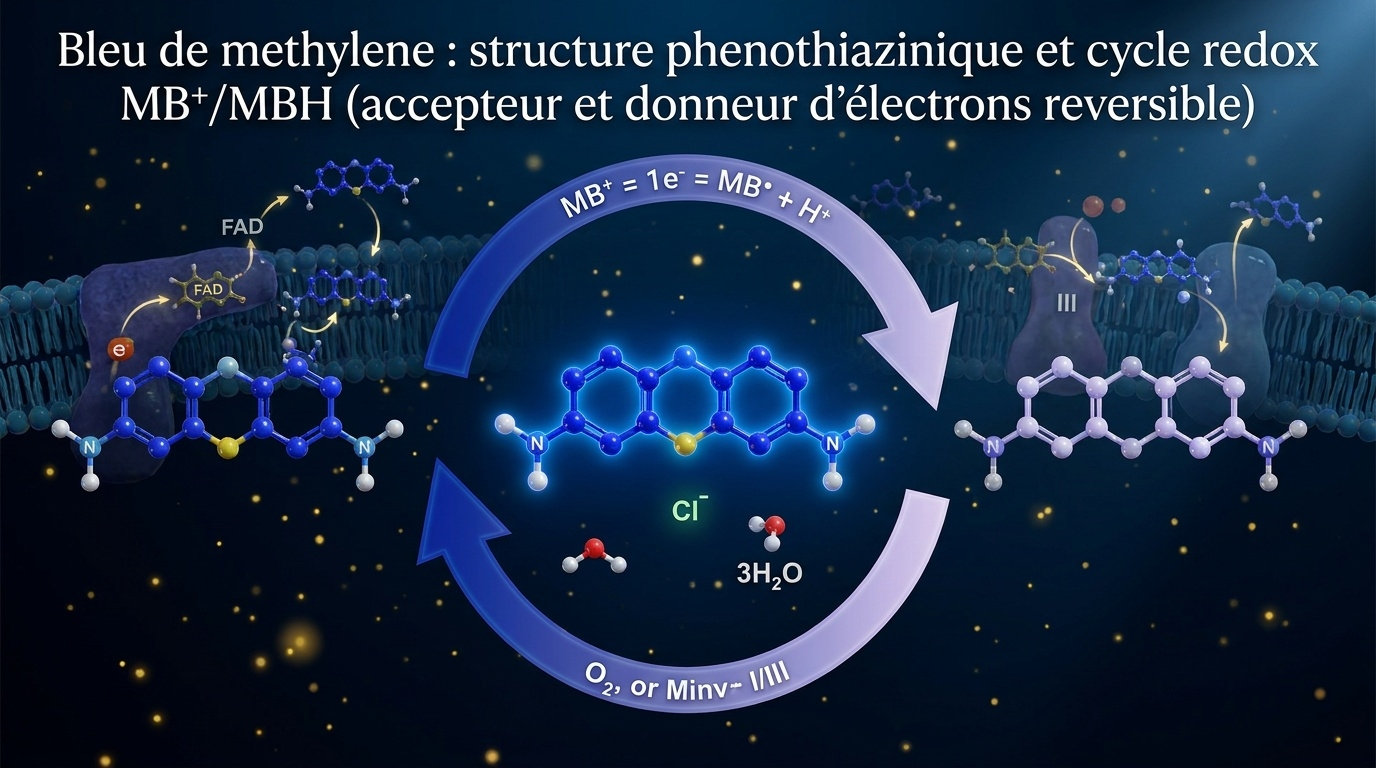 Représentation scientifique du bleu de méthylène sous sa forme redox active, principal acteur de son intérêt thérapeutique mitochondrial.