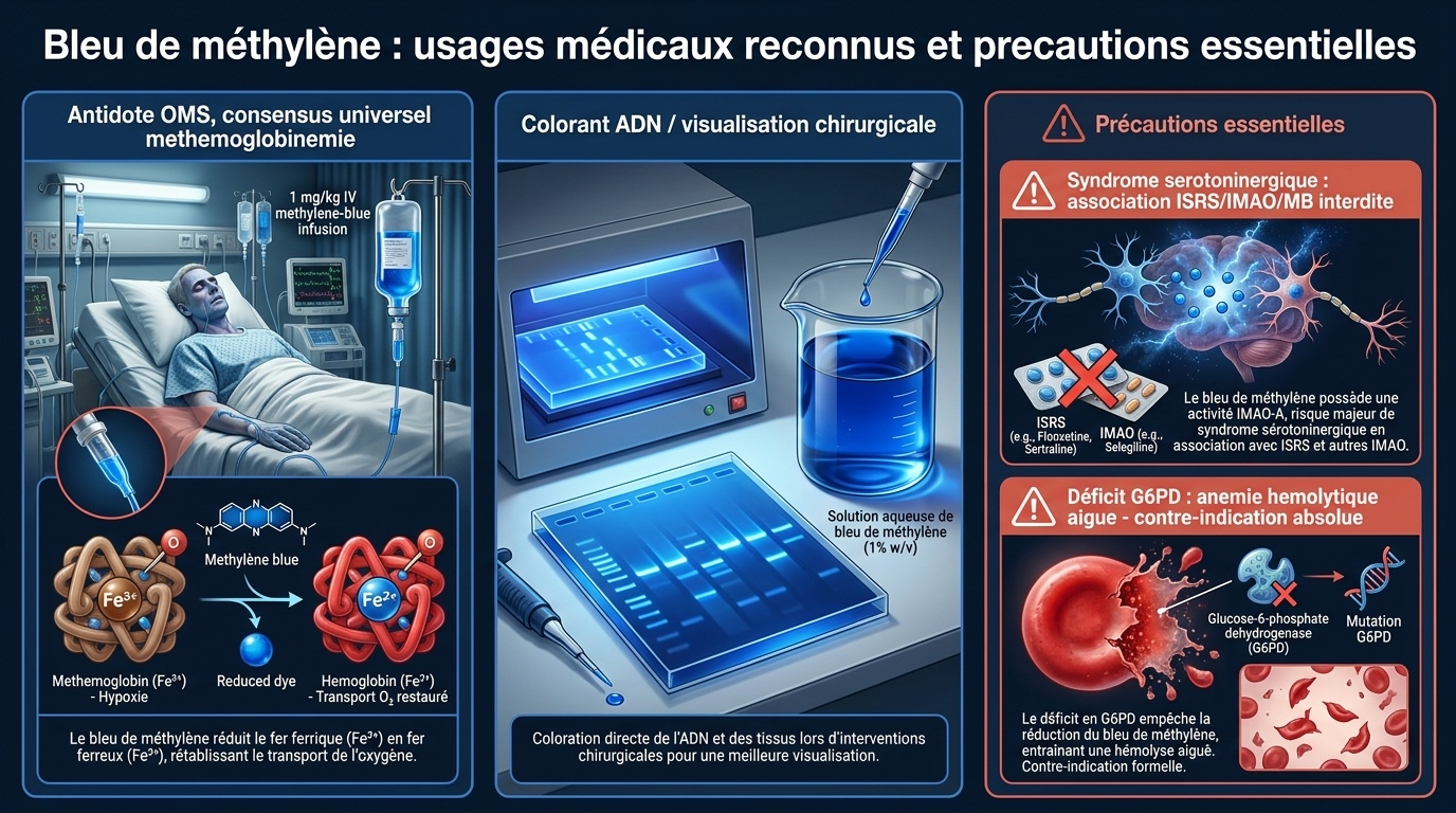  Synthèse visuelle de l'hypothèse Warburg (1924) revisitée par Schwartz : le cancer comme défaut métabolique et le bleu de méthylène comme restaurateur de la phosphorylation oxydative.
