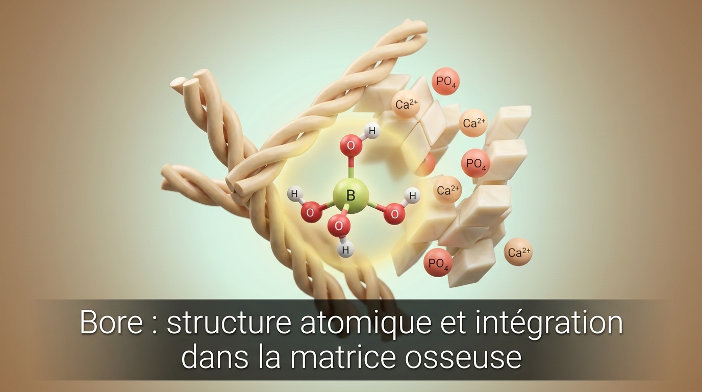 Représentation scientifique détaillée du bore dans son rôle d'oligo-élément trace présent dans l'os, l'ongle et le cheveu, sous forme tétraédrique borate interagissant avec l'hydroxyapatite et le collagène osseux, et capable d'influencer la rétention du calcium, du magnésium et la demi-vie de la vitamine D.