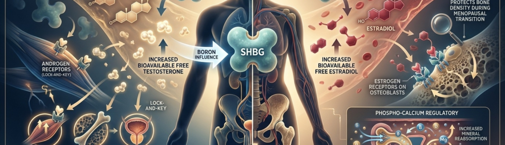 Illustration médicale hyper-réaliste du mécanisme hormonal du bore chez l'homme et la femme : à gauche, augmentation de la testostérone libre via réduction de la SHBG ; à droite, soutien de la densité osseuse post-ménopausique via libération d'œstradiol biodisponible, complétée par la réabsorption rénale accrue du calcium et du magnésium.