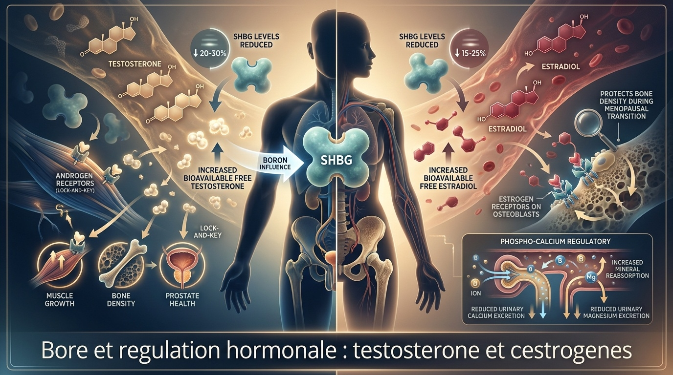 Schéma médiatico-scientifique du mécanisme central évoqué dans l'article : la supplémentation en bore module les niveaux d'hormones stéroïdiennes sexuelles (testostérone et œstrogènes) en diminuant la concentration sérique de la SHBG (Sex Hormone Binding Globulin), augmentant ainsi la fraction libre et biodisponible de ces hormones — particulièrement pertinent chez l'homme jeune actif et chez la femme post-ménopausique pour la préservation osseuse