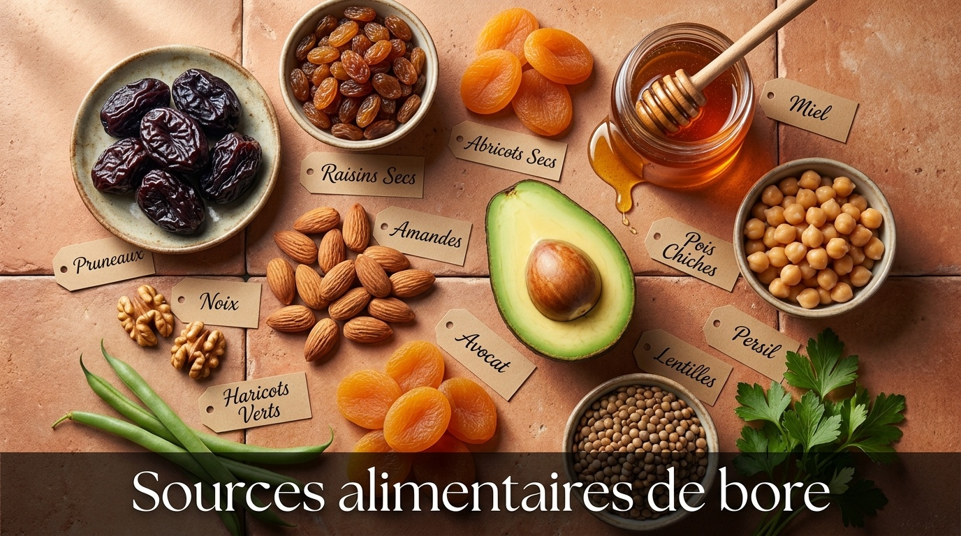 Composition culinaire top-down des meilleures sources alimentaires végétales de bore : champion toutes catégories le pruneau (~2,7 mg/100 g), suivi du raisin sec, des amandes, des abricots secs, de l'avocat, du miel, des légumineuses (pois chiches, lentilles, haricots secs) et des légumes verts comme le persil.