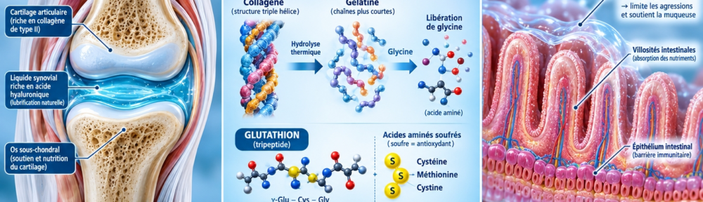 infographie éditoriale sur fond bleu médical ; panneau gauche représentant une coupe de genou saine avec cartilage hyalin et liquide synovial lubrifié par l'acide hyaluronique ; panneau central montrant la transformation collagène → gélatine + glycine + libération d'acides aminés soufrés (cystéine, méthionine) avec symbole du glutathion (γ-Glu-Cys-Gly) ; panneau droit illustrant une paroi intestinale avec villosités protégées par la barrière de gélatine. Bandeau inférieur avec icônes calcium, phosphore, hyaluronate.