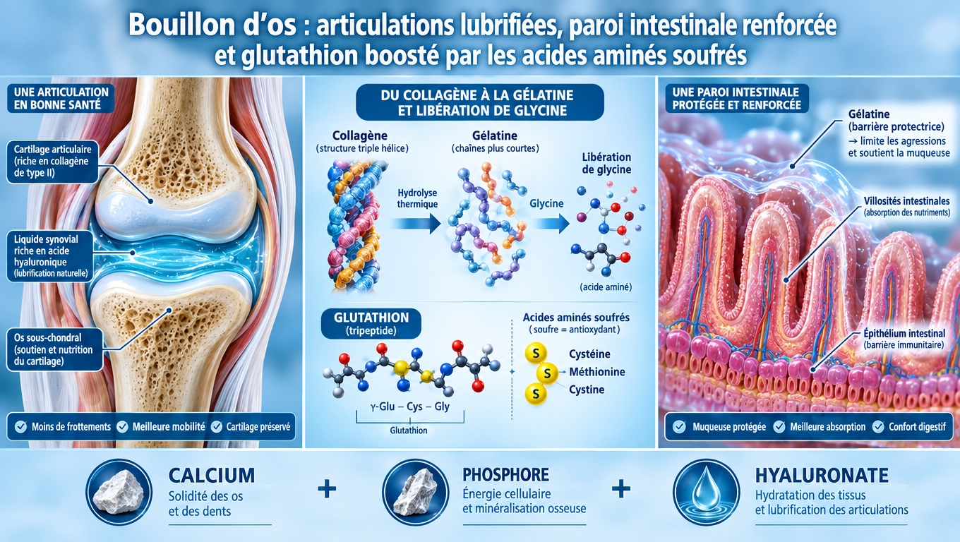 triple bénéfice du bouillon d'os — cartilage lubrifié, muqueuse intestinale apaisée, glutathion renforcé par les acides aminés soufrés.