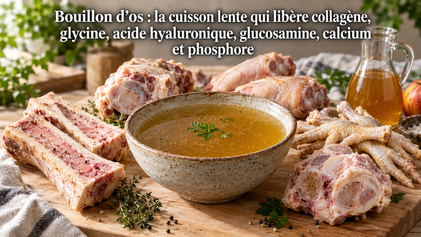 bol de bouillon ambré entouré d'os à moelle, cartilage et vinaigre — la matrice osseuse qui libère collagène, glycine, acide hyaluronique, calcium et phosphore.
