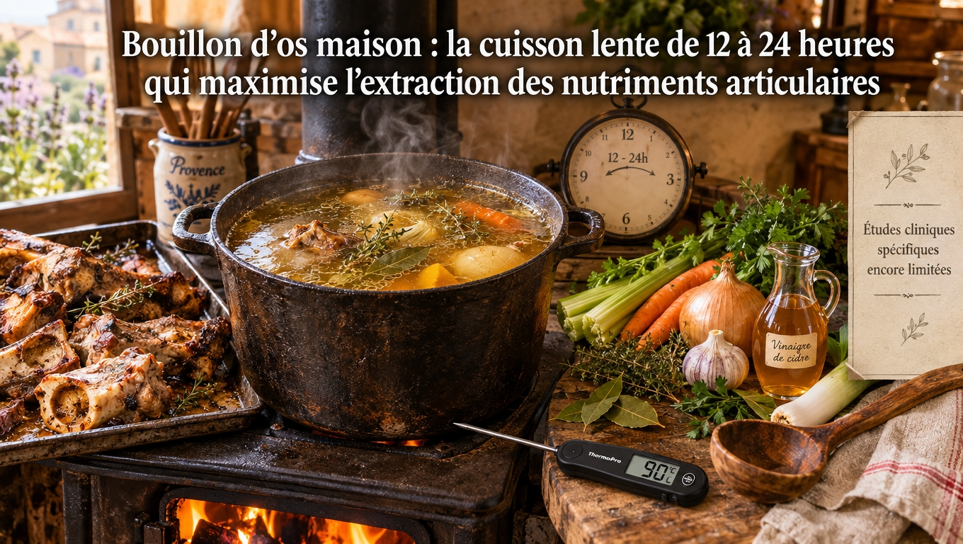 marmite en fonte frémissante, légumes aromatiques et sonde à 90 °C — la recette du bouillon d'os mijoté 12 à 24 heures, à voir comme un aliment traditionnel autant que comme un nutriment articulaire.