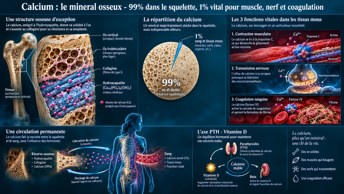 Vue d'ensemble du calcium – son stockage osseux massif via l'hydroxyapatite, sa régulation endocrine, et ses fonctions plasmatiques/cellulaires non structurelles (muscle, nerf, coagulation).