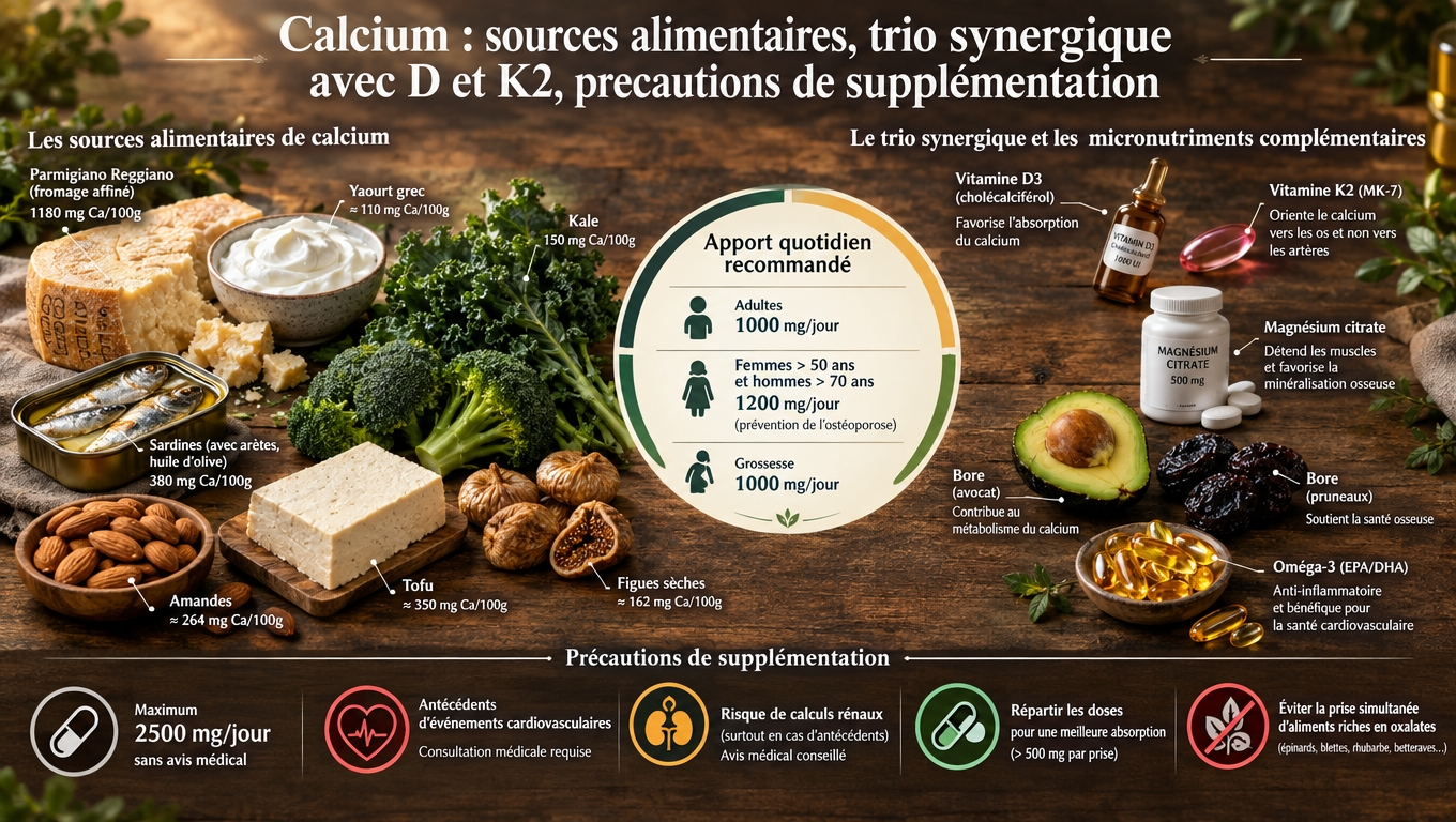 Panorama pratique des sources alimentaires riches en calcium, apports recommandés selon l'âge, trio synergique D+K2, et profil de sécurité de la supplémentation.
