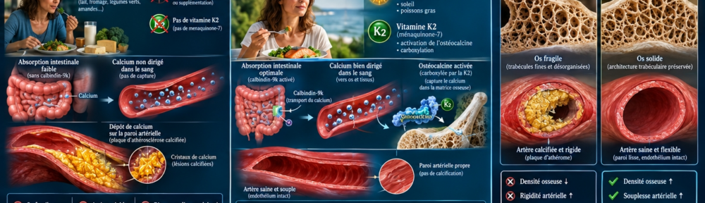 infographie split‑screen cinématographique. Panneau gauche – Voie sans trio – personne ingérant des aliments riches en calcium (verre de lait, fromage) mais sans vitamine D ni K2 : intestin absorbe mal (~ 30 %), calcium sérique « égaré » dans la circulation, dépôt de cristaux calciques dans la paroi artérielle (coupe montrant plaque calcifiée jaunâtre, macrophages spumeux, cristaux d'hydroxyphosphate dans la média). Panneau central – Trio synergique – même personne ingérant calcium + vitamine D₃ (cholécalciférol) (soleil, saumon, jaune d'œuf) qui active la calbindine‑9kD entérocytaire (↑ absorption intestinale 40‑45 %) ET vitamine K2 (ménaquinone‑7 MK‑7 ou MK‑4) qui carboxylise l'ostéocalcine (Glu → Gla), permettant à cette hormone osseuse de capturer le calcium circulant dans la matrice osseuse. Panneau droit – Résultats comparés : os trabéculaire sain densifié + artère souple propre à droite (chemin du trio) versus os fragile + artère rigide calcifiée à gauche (chemin du calcium seul). Bandeau bas : schéma ostéocalcine γ‑carboxylée fixant le Ca²⁺ + protection des cellules musculaires lisses vasculaires via MGP (Matrix GLA Protein).